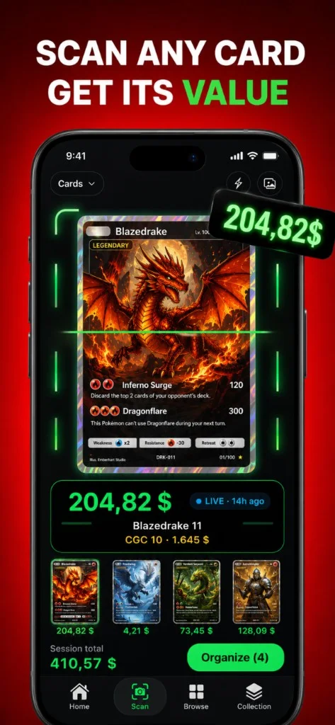 TCGApp TCG card scanner on iPhone showing a scanned card's set, rarity and live market price